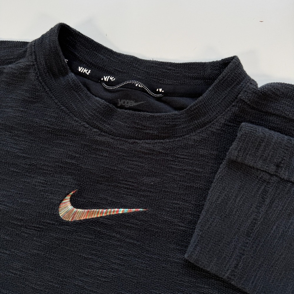 NIKE Yoga Dri-Fit Top Womens Medium Faded Black Embroidered Multicolor Swoosh